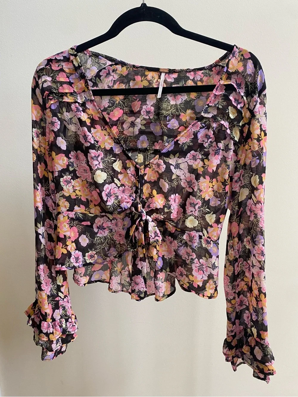 Free People Maybel blouse sheer floral pattern tie-front Sz XS